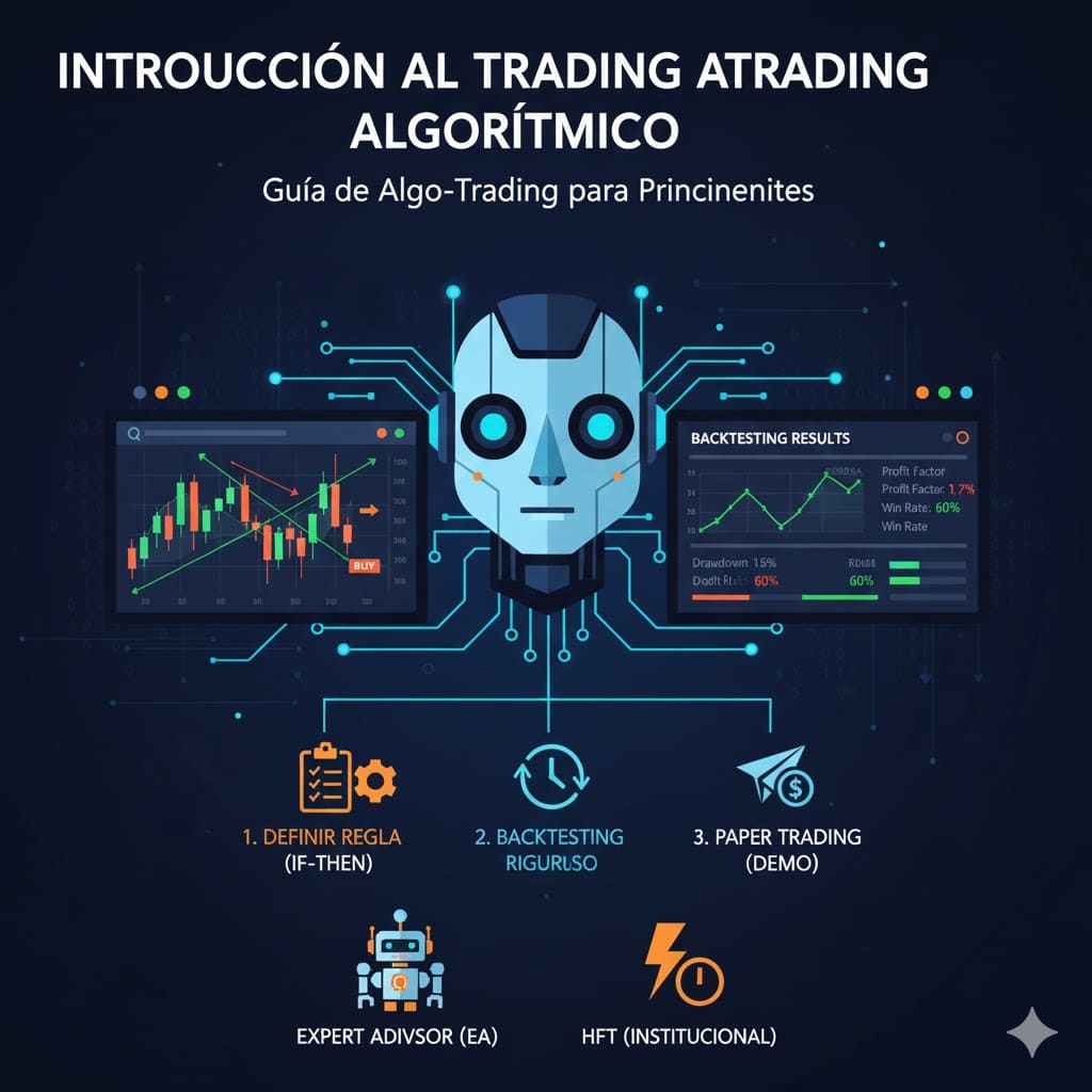 Descubre el Algo-Trading para principiantes. Aprende a diseñar tu estrategia, la importancia del Backtesting y cómo implementar tu primer Expert Advisor (EA) sin ser un experto en código.