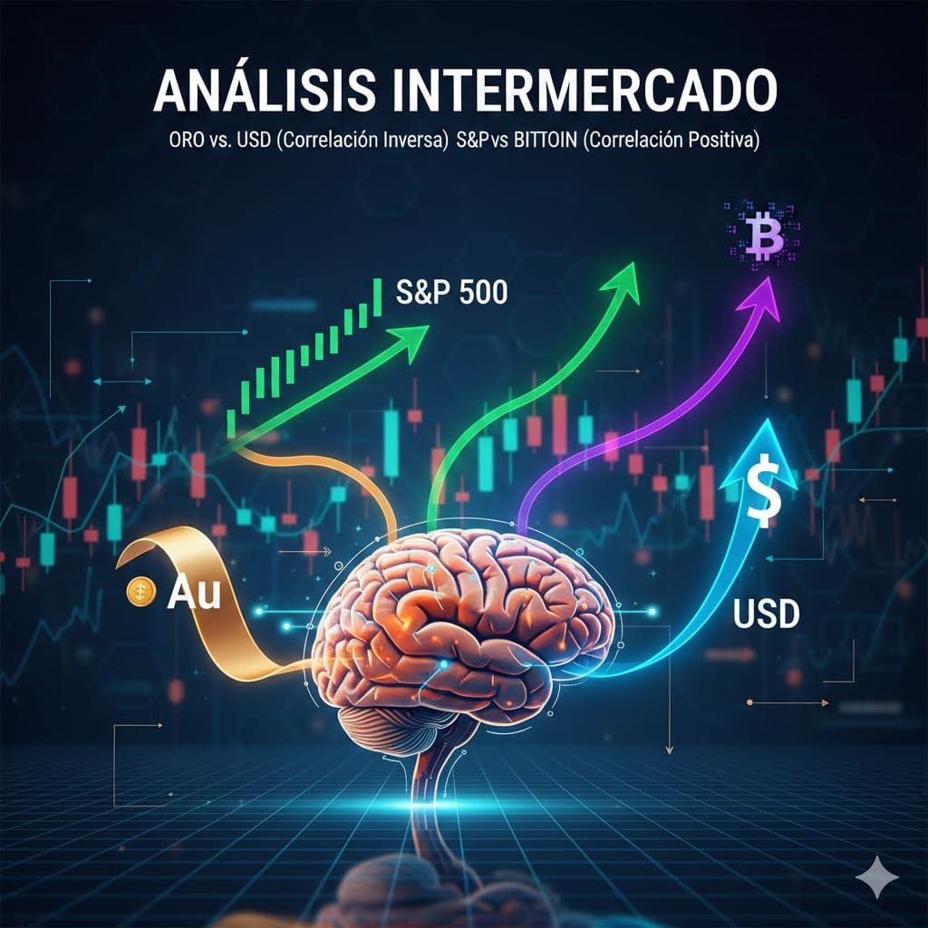 Análisis Intermercado. Entiende la correlación inversa entre el Oro y el Dólar (USD), y la correlación positiva entre el S&P 500 y Bitcoin (BTC)